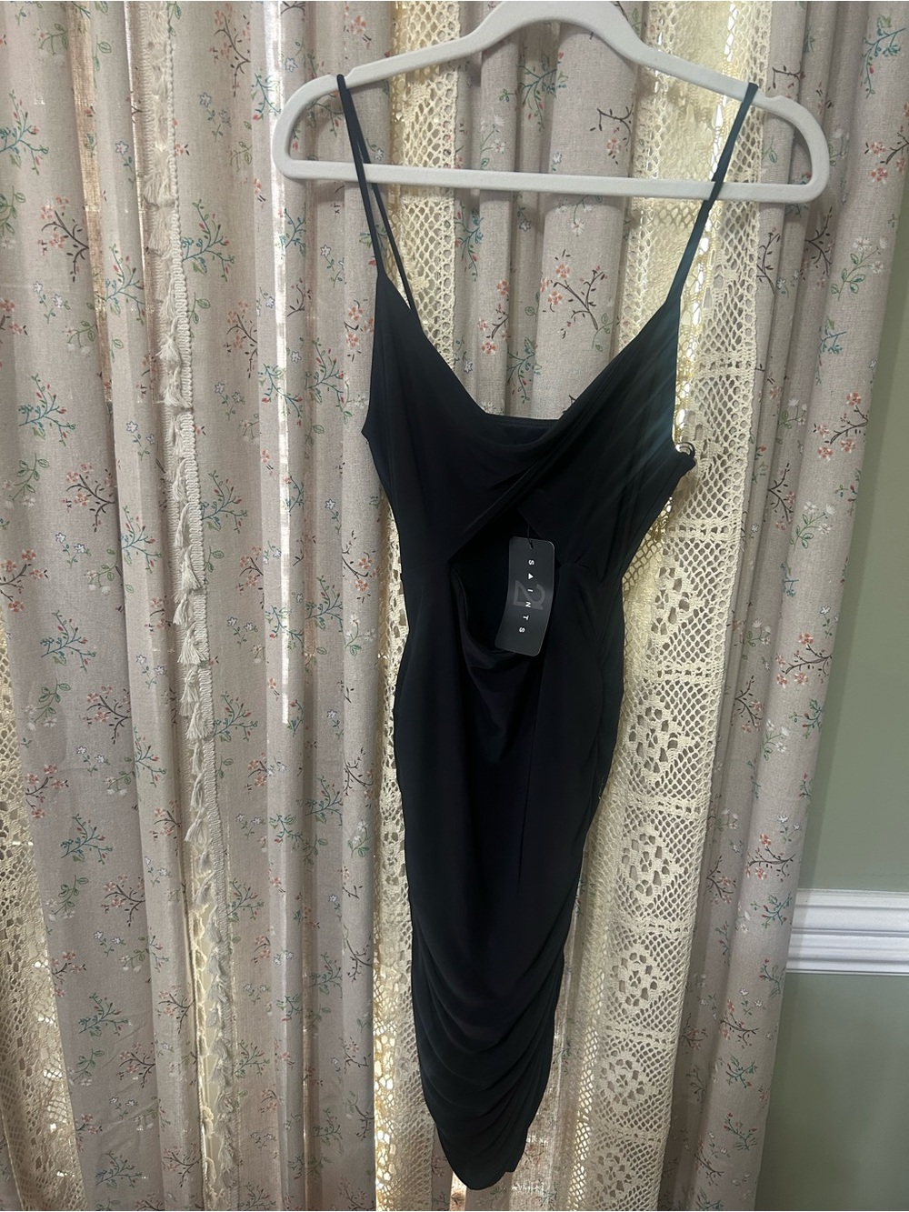 NWT 21 Saints Black Cutout Ruched Midi Bodycon Dress Small Cowl Neck Cocktail